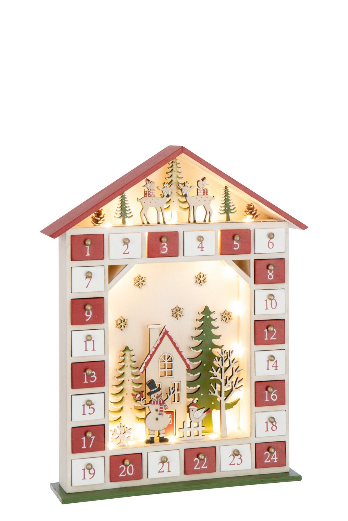 J-Line decoratie Huis Adventskalender- multiplex - rood/wit - LED