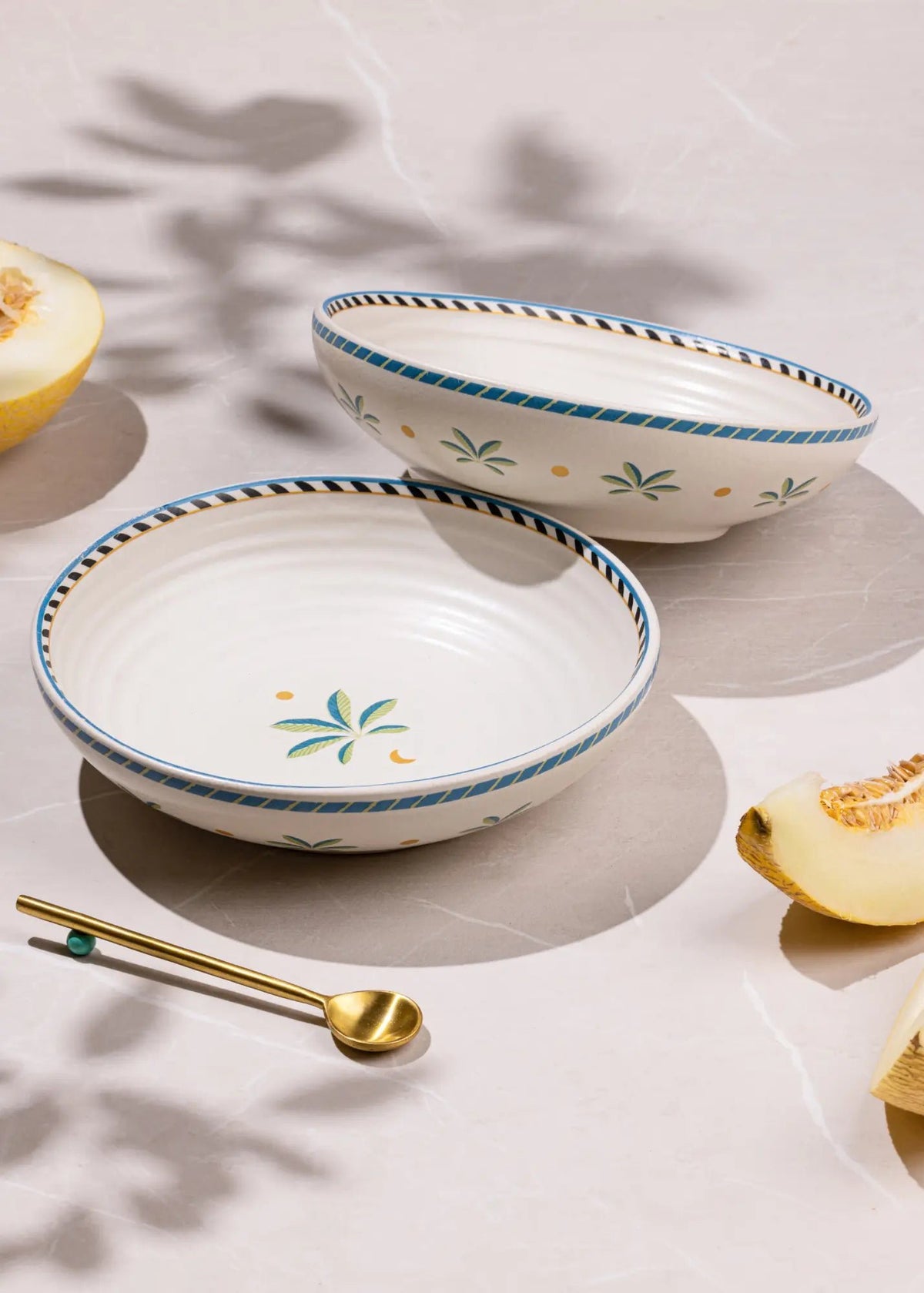 Keramische ondiepe serveerschaal - Palmboommotief, set van 2, 19 cm
