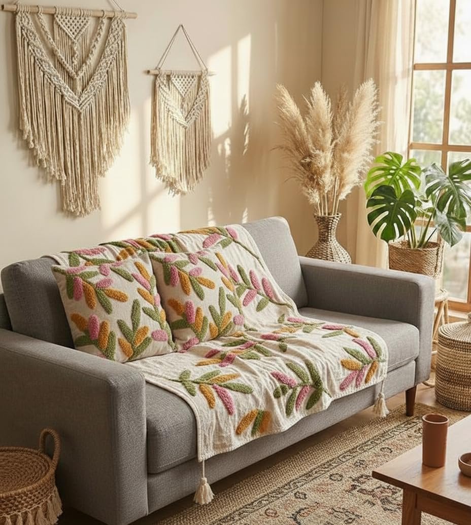 Handgetufte katoenen banksprei – huishoudtextiel – 3-delig (50x60" plaid, 2x 16x16" hoezen)