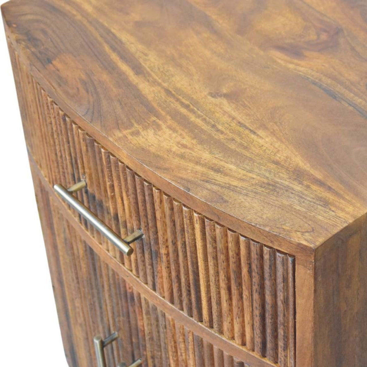 Gebogen en gecanneleerd massief houten nachtkastje, 1 lade, 2 planken aan de binnenkant, geroosterd bruin