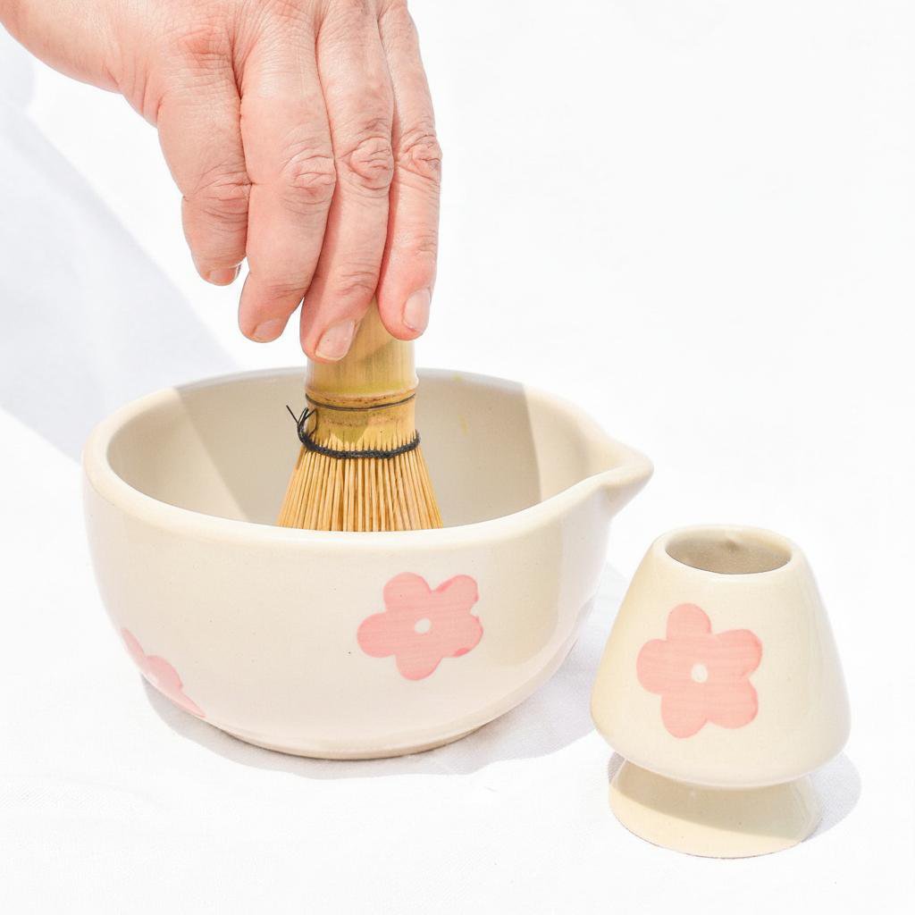 Gardehouder | Keramische handgemaakte Matcha-gardeset | Roze bloem