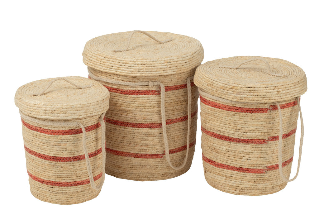 J-Line Set Van 3 Mand Strepen+Deksel Maïs Naturel/Rood