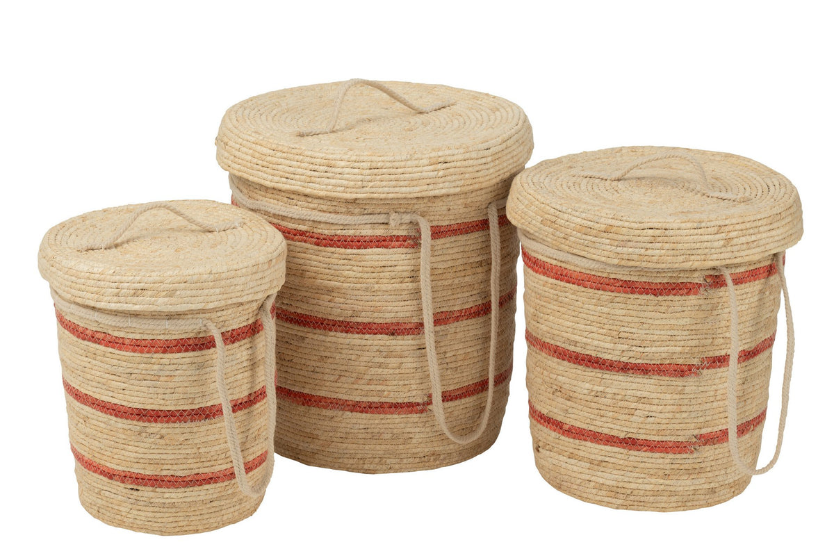 J-Line Set Van 3 Mand Strepen+Deksel Maïs Naturel/Rood