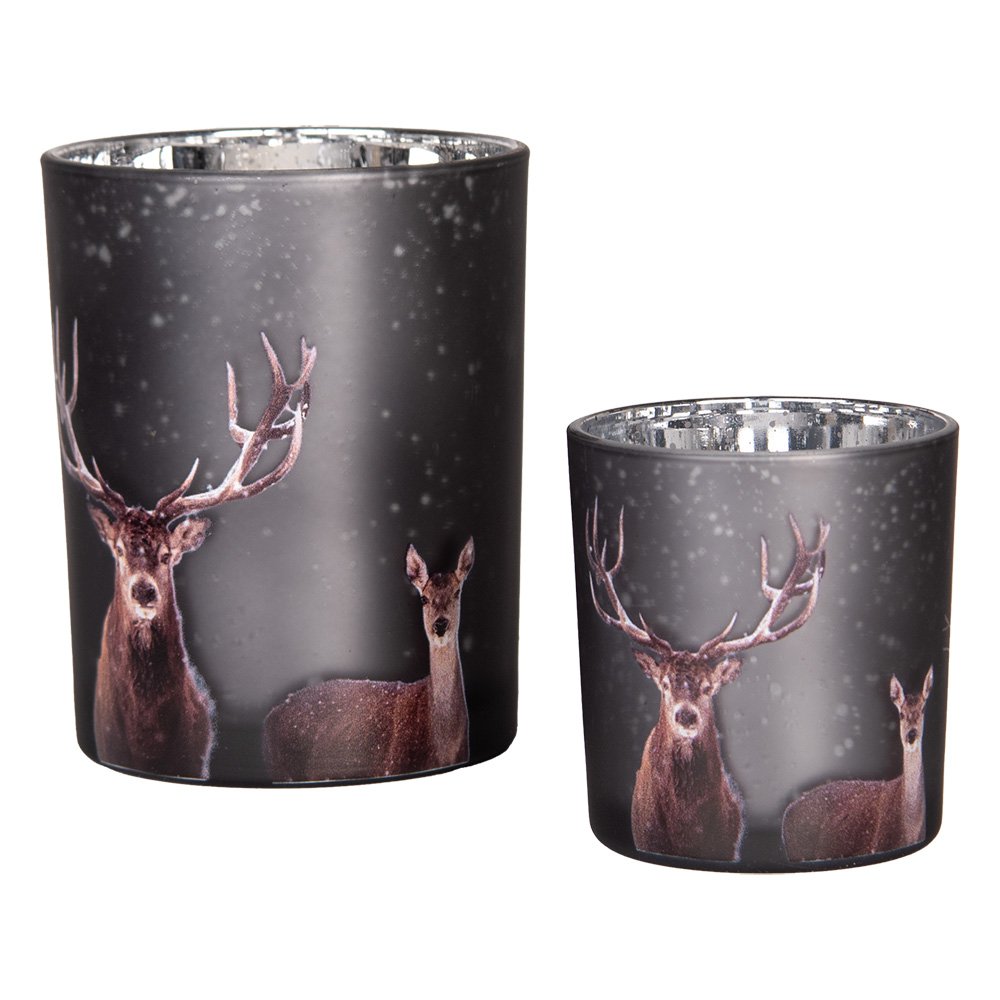 Theelichthouder Set van 2 Ø 7x8 / 10x13 cm Grijs Glas Hert