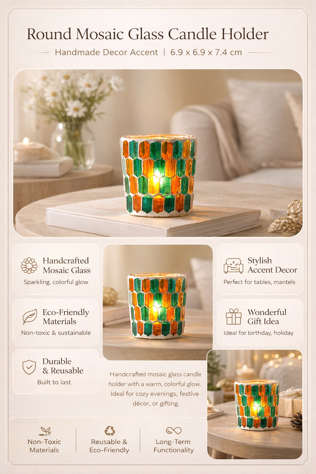 Kaarshouder - Rond mozaïekglas - Handgemaakt decoraccent
