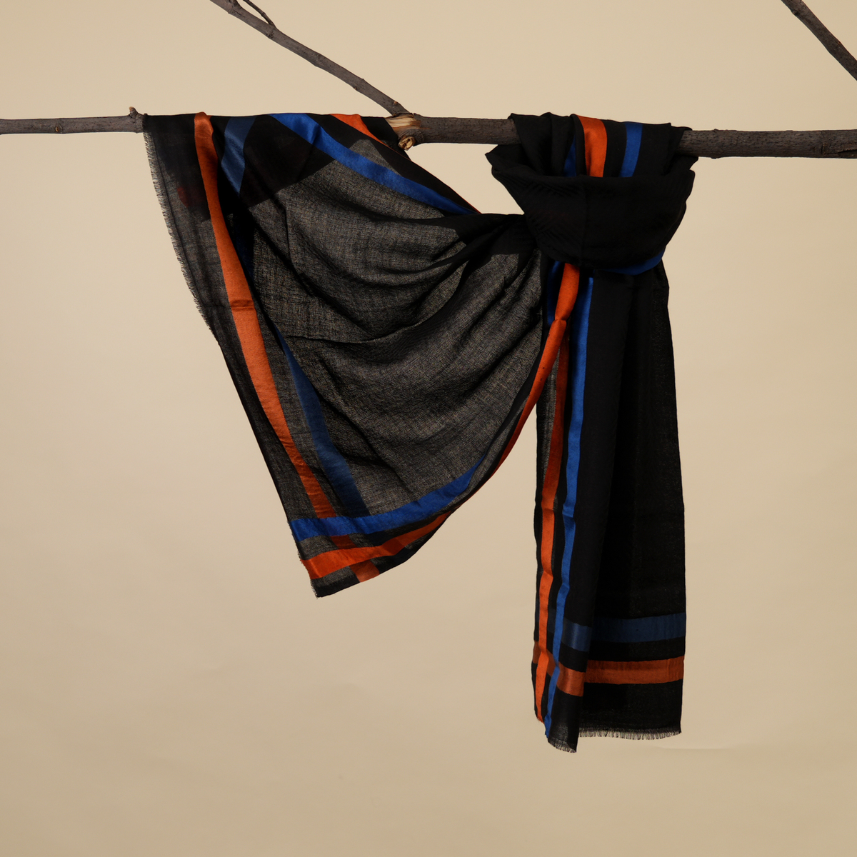 Sjaal | Wol Zijde Unisex | Zwart Blauw Oranje