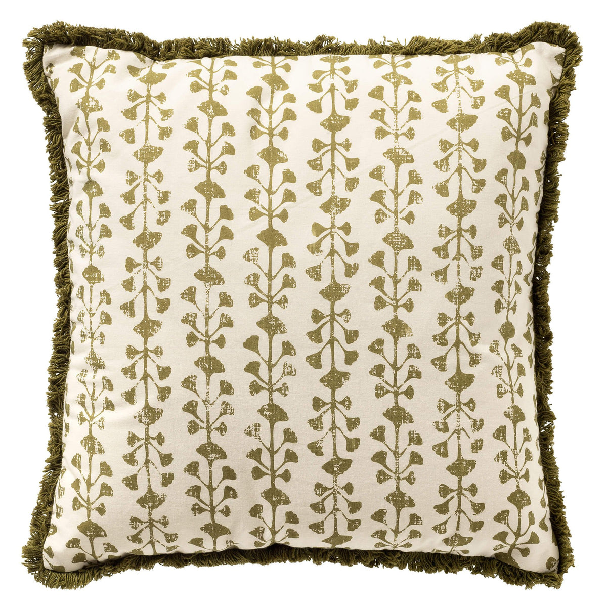 Dutch Decor Francine - Kussen 45x45 cm - 100% katoen - Bladmotief en franjes - Groen Mos - Groen