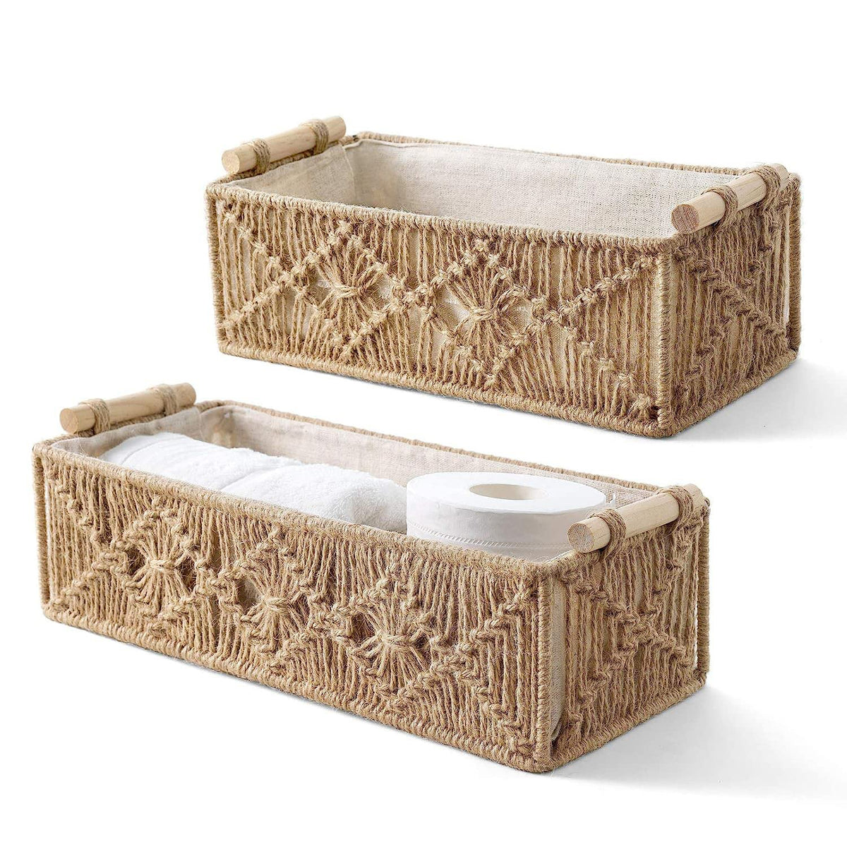 Handgeweven Macrame Opbergmanden – Gevoerd Geweven Houten Handvat - 2st