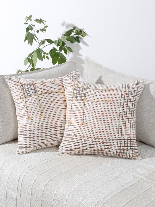 Set van 2 - Kussenhoezen met geometrisch patroon – Duurzame katoenen stof – Gebroken wit en bruin – 45x45 cm