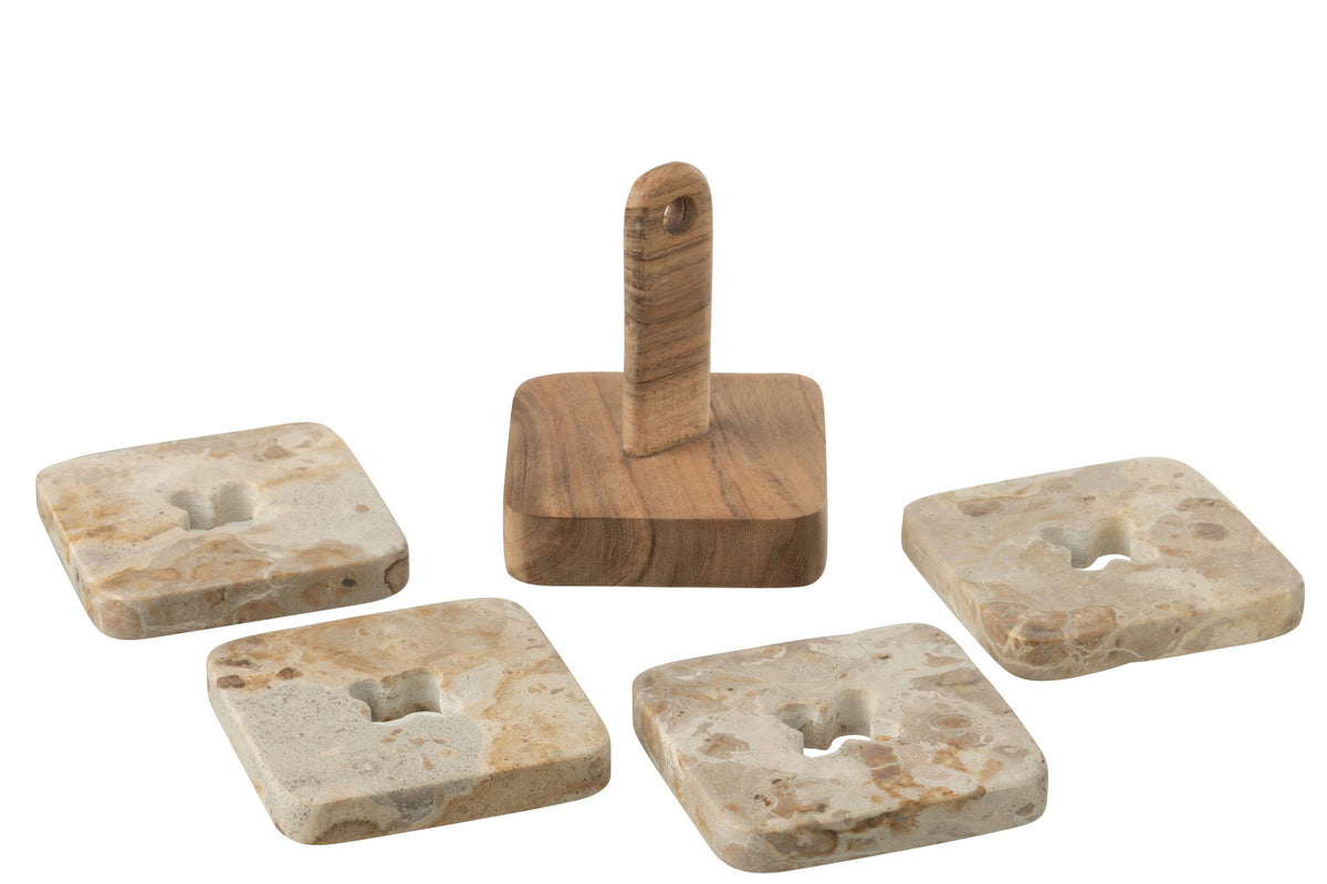 J-Line onderzetter - marmer/hout - beige - 4 stuks