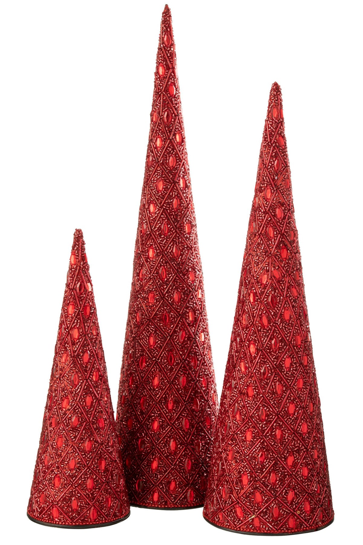 J-Line decoratie Kegel - ijzer/kralen - kerstrood - set van 2