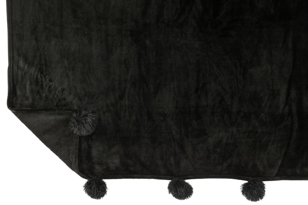 J-Line plaid Pompom - polyester - zwart - 170 x 130 cm