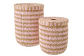 J-Line mand met deksel Gestreept - papier - naturel/roze - set van 2