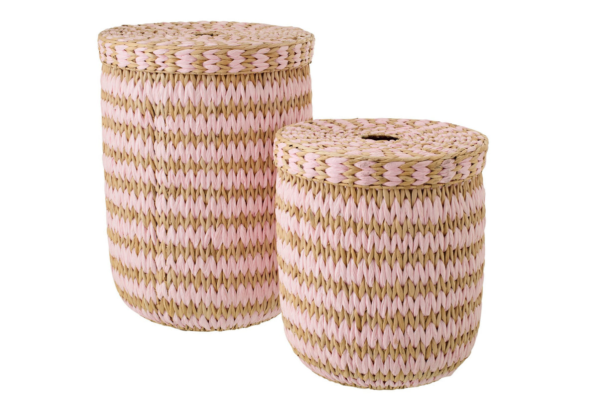 J-Line mand met deksel Gestreept - papier - naturel/roze - set van 2
