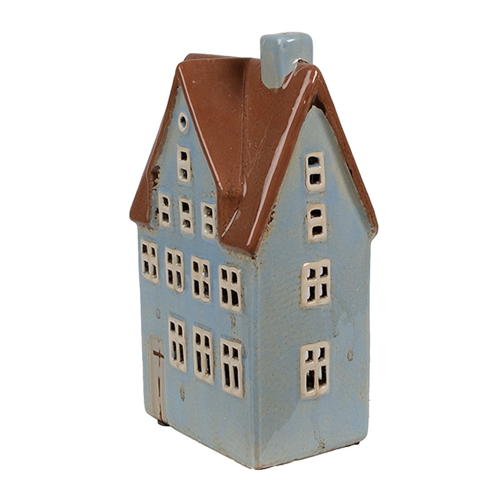 Waxinelichthouder Huis 11x8x20 cm Blauw Bruin Keramiek Theelichthouder