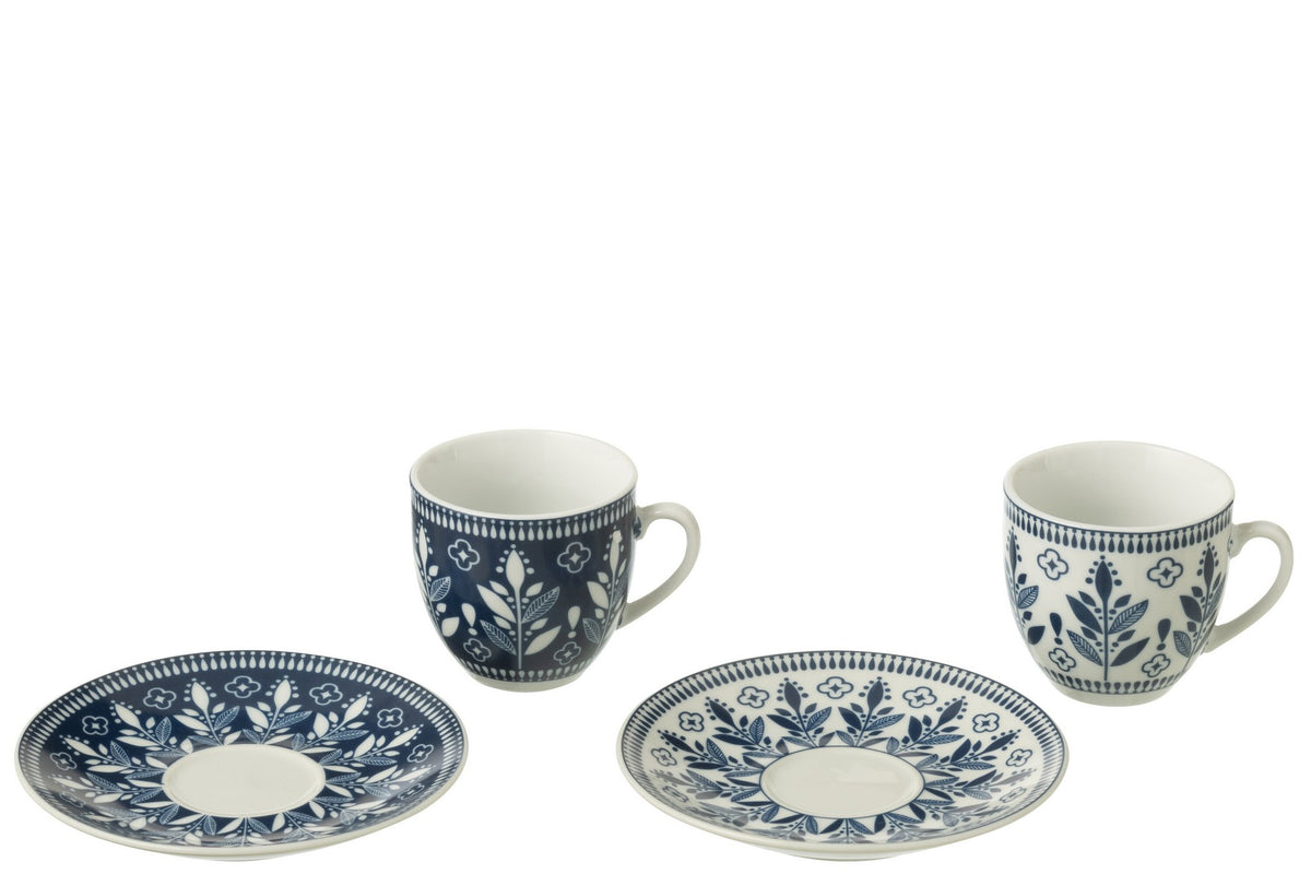 J-Line Doos 6 Kopjes+Schaal Bladeren Keramiek Donkerblauw
