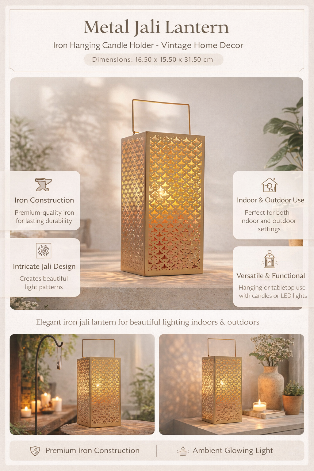 Metalen Jali-lantaarn - ijzeren hangende kaarsenhouder - vintage huisdecor