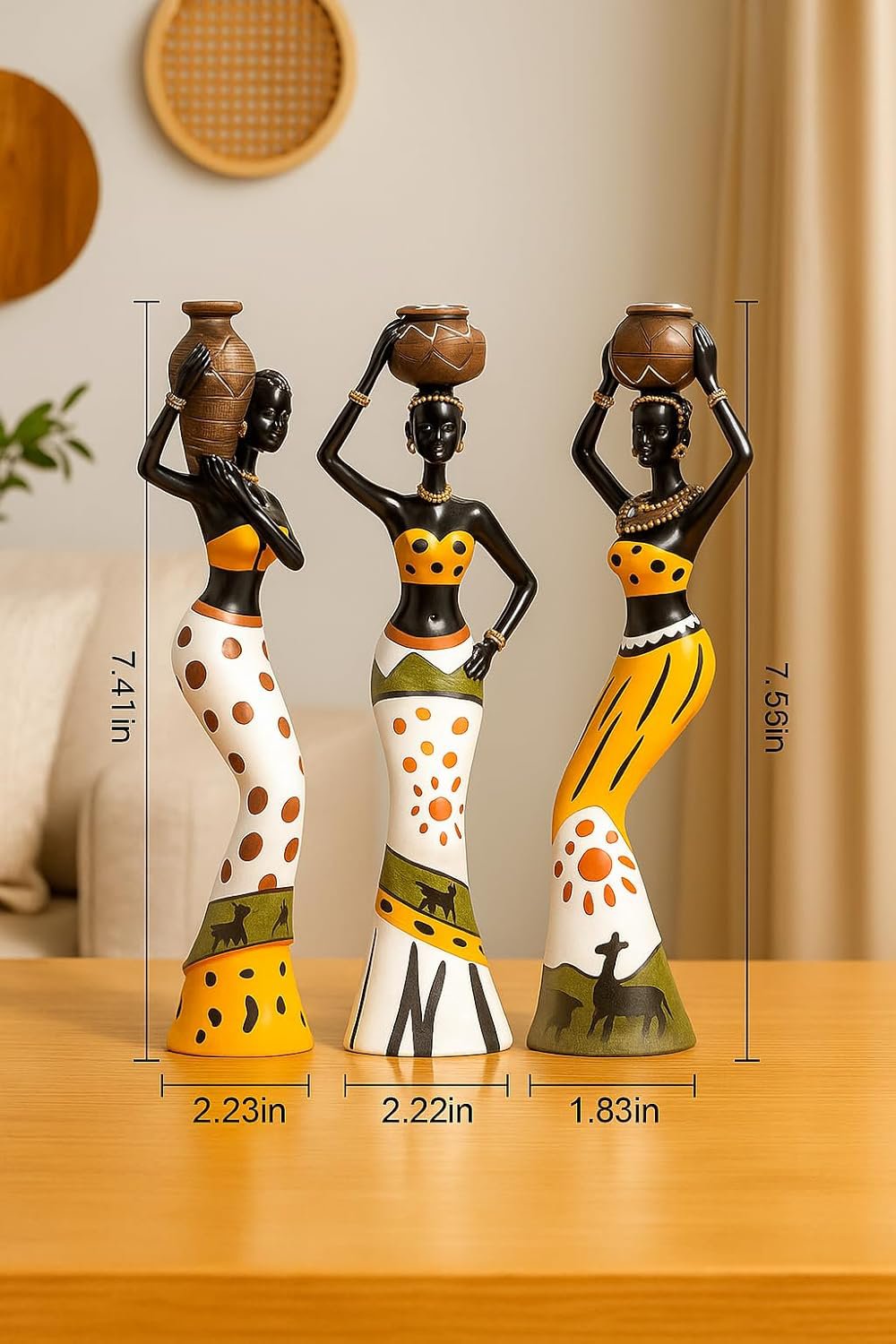Decoratieve beeldjes van hars – handgemaakte tribale kunst – set van 3 (meerkleurig)