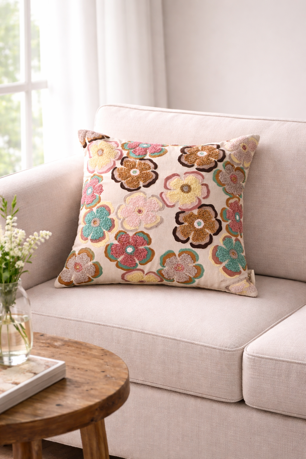 Katoenen kussen met print - Retro bloemmotief - 45 x 45 cm