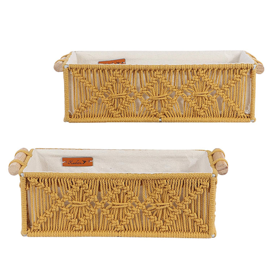 Mosterd handgemaakte decoratieve mand van katoen – set van 2 stuks