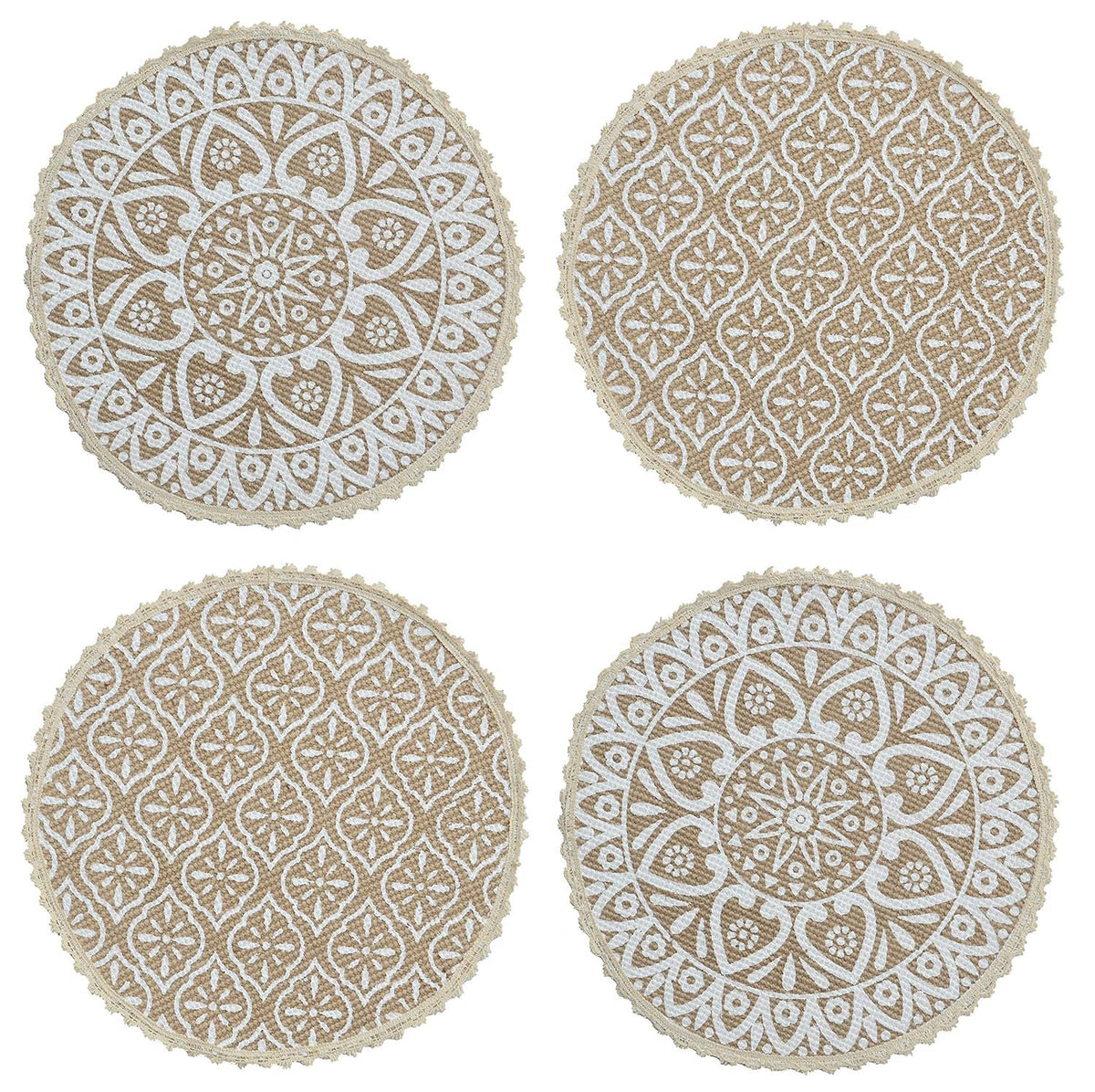 Tafelmattenset – jute en katoen bedrukt rond – 38x38 cm, 4-pack