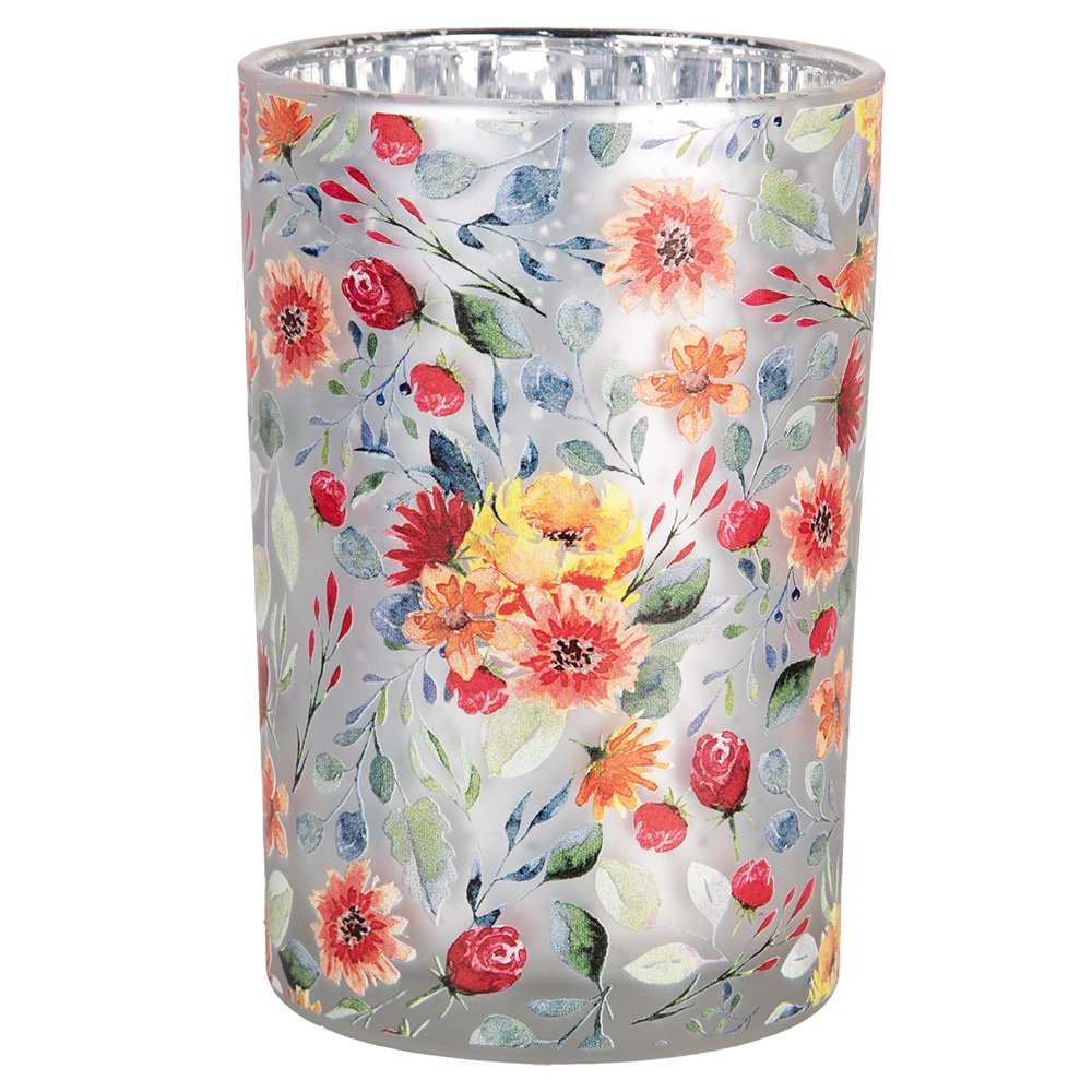 Theelichthouder Ø 12x18 cm Grijs Glas Bloemen