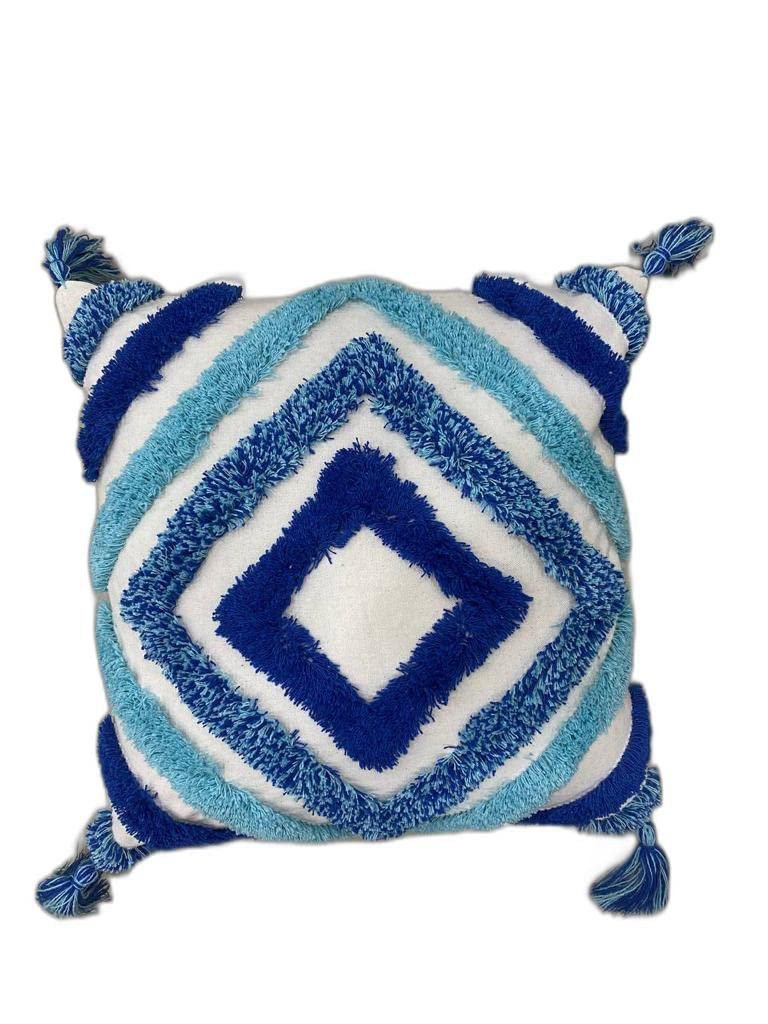 Decoratieve kussenhoes – getuft geometrisch, pomponrand – 16x16 inch, enkele eenheid