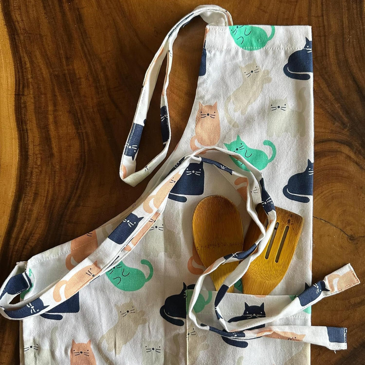 Keukenlinnenset met kattenprint – 100% katoen, machinewasbaar – schort, ovenwanten, pannenlappen, 3-delig
