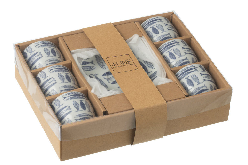 J-Line Doos 6 Kopjes+Schaal Vis Keramiek Donkerblauw