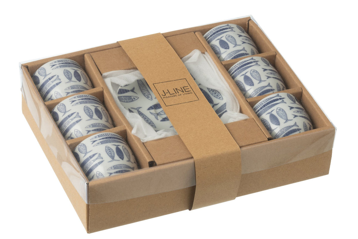 J-Line Doos 6 Kopjes+Schaal Vis Keramiek Donkerblauw
