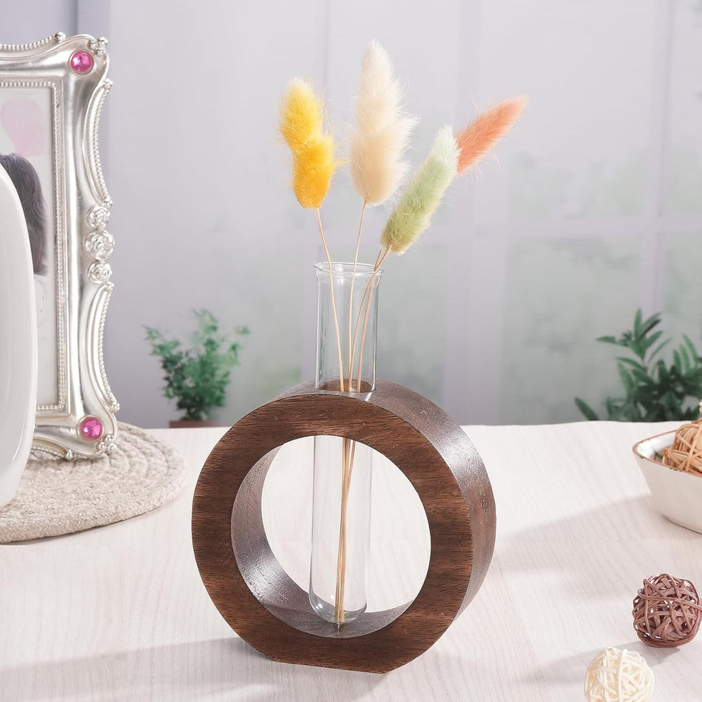 Reageerbuisvaas – Donuthouder van glas en hout – 13,9 x 11,4 cm