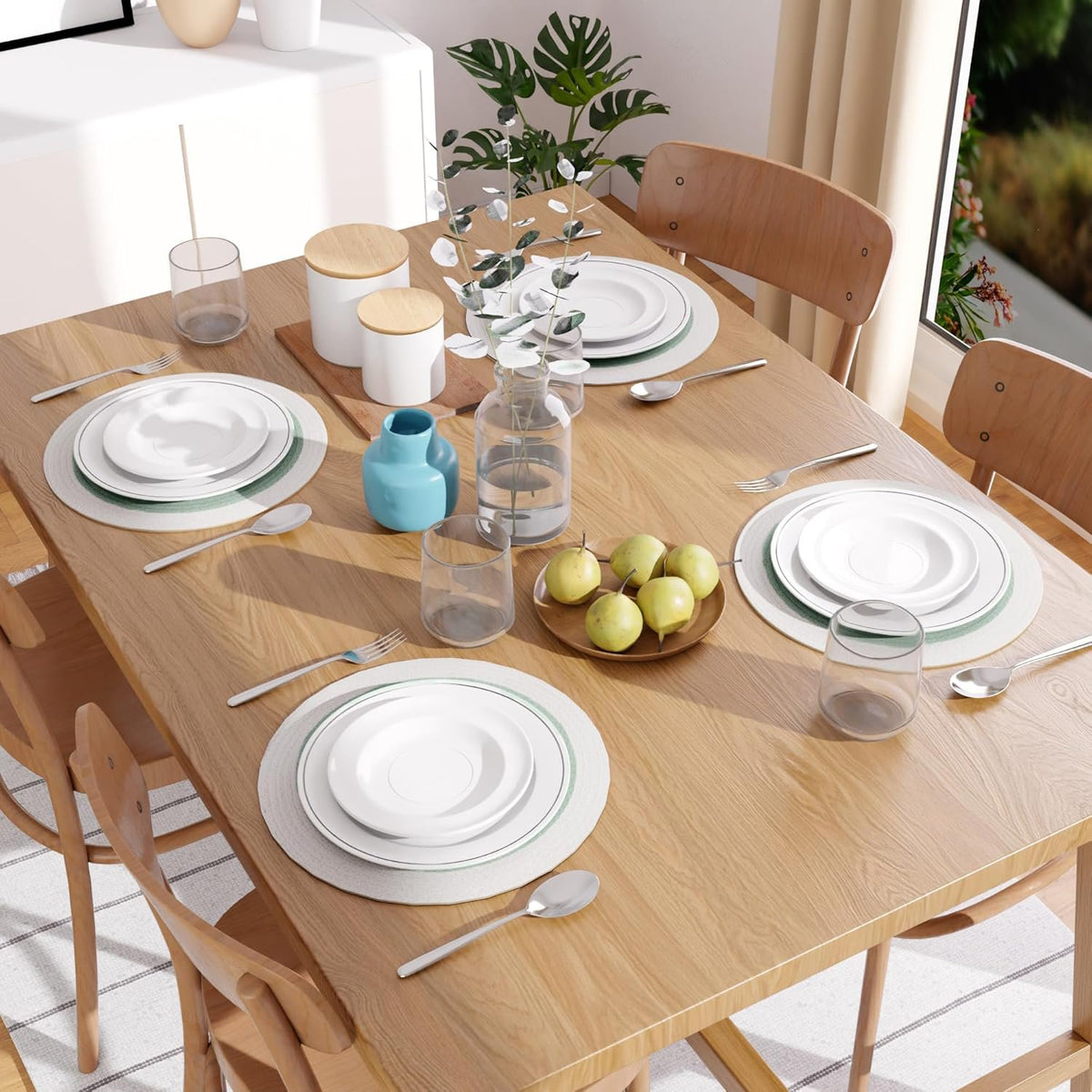 Eettafelplacemats – geribbeld katoen, salie/gebroken wit – 32 cm rond, set van 4
