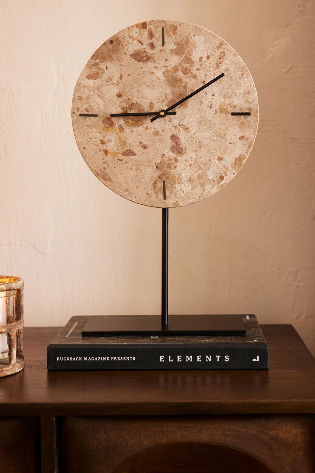 J-Line klok Rond Marmer - steen - beige/zwart