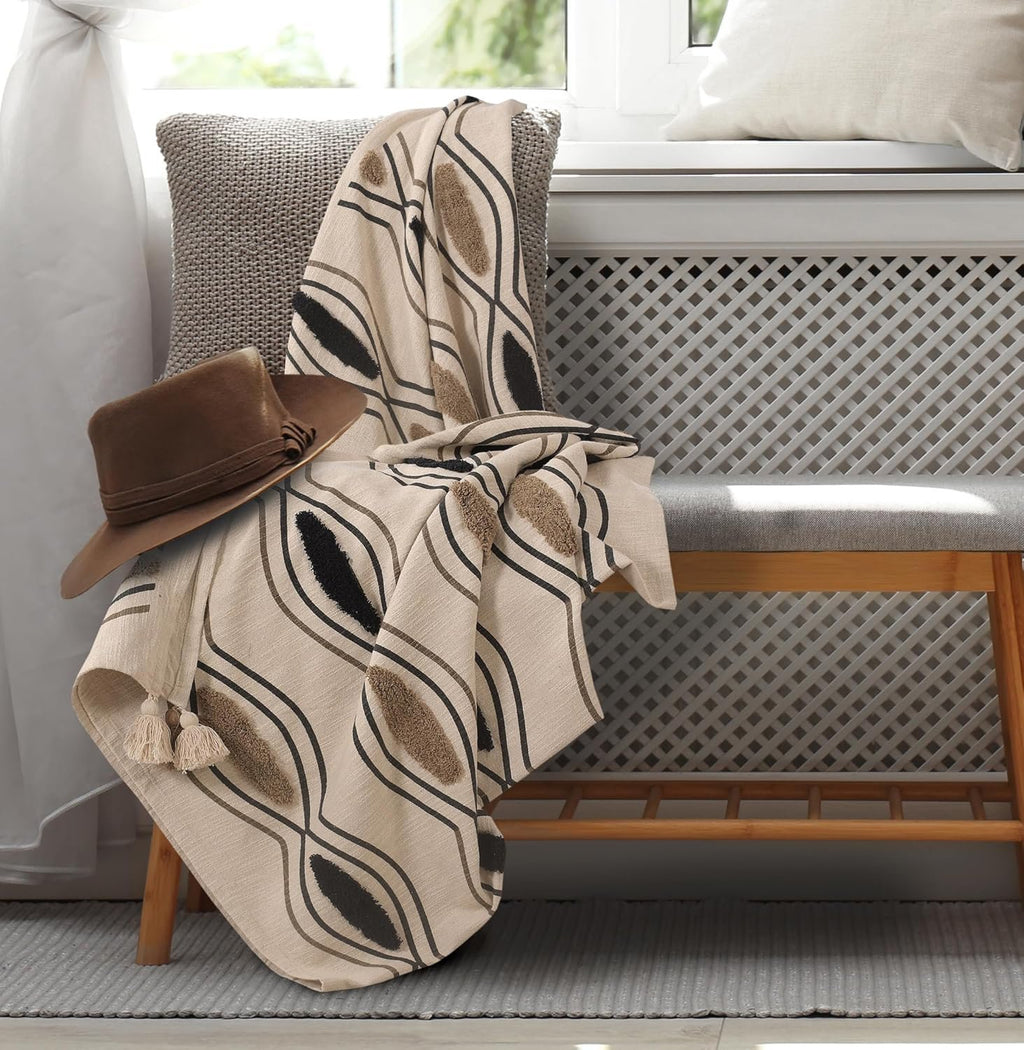 Plaid met beige zwart patroon – katoenen deken – natuurlijke geweven basis – 180x130 cm