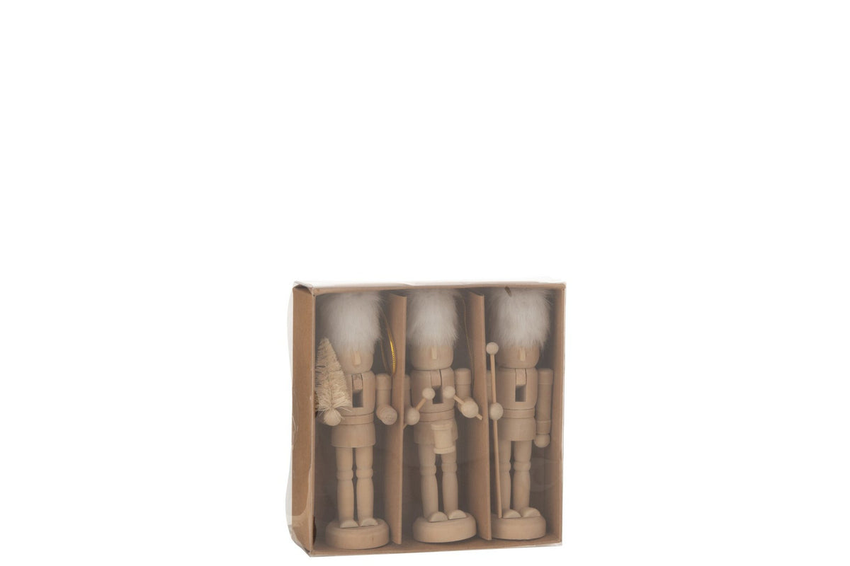 J-Line kersthanger Notenkrakers - hout/bont - naturel/wit - doos van 3