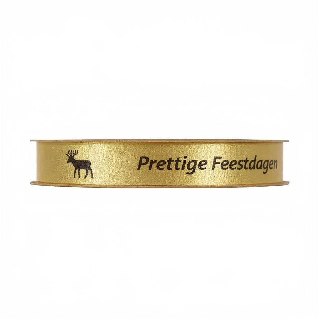 Satijn lint – Prettige Feestdagen – Goud - 15mm x 100m
