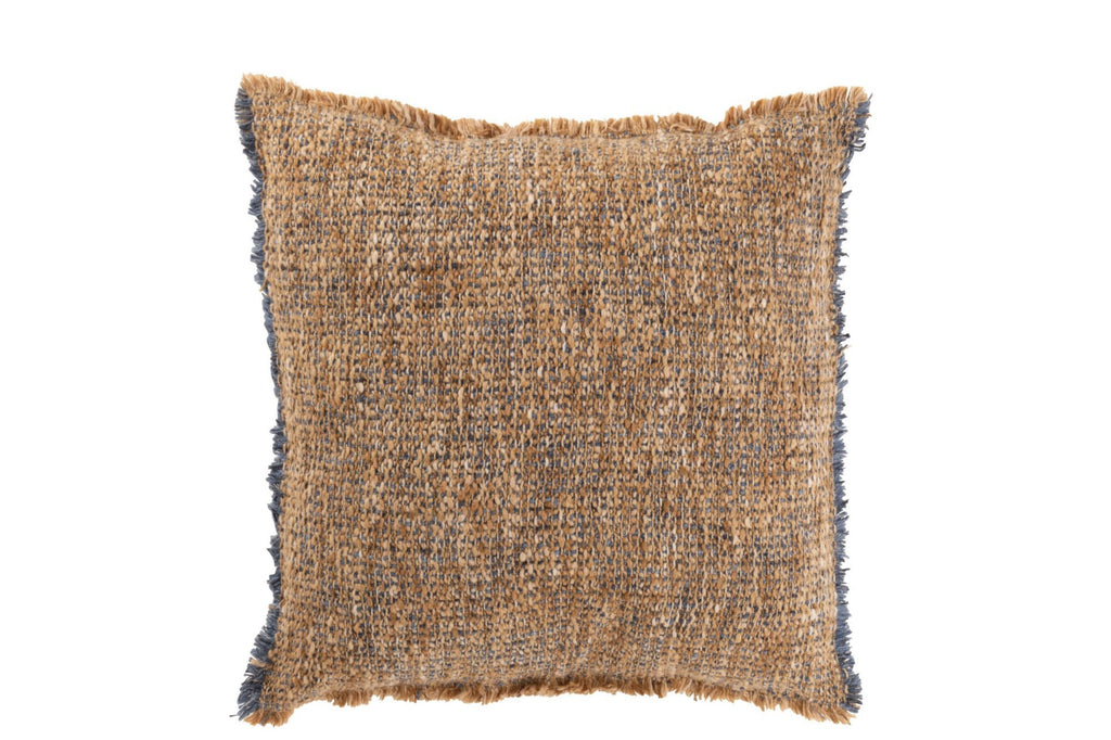 J-Line Kussen Gerafelde Randen Polyester/Katoen Lichtbruin/Blauw