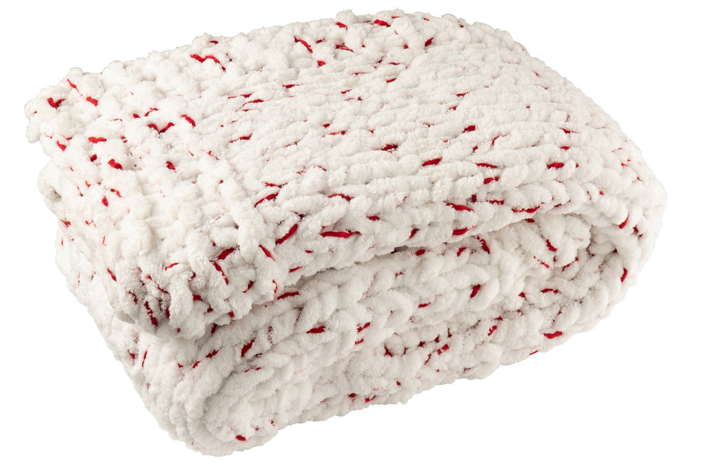 J-Line deken Gebreeën - polyester - wit/kerstrood