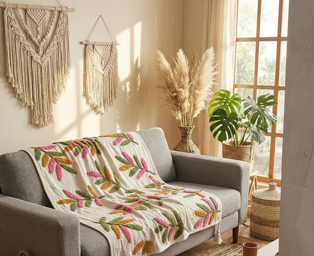 Handgetufte katoenen banksprei – huishoudtextiel – 3-delig (50x60" plaid, 2x 16x16" hoezen)