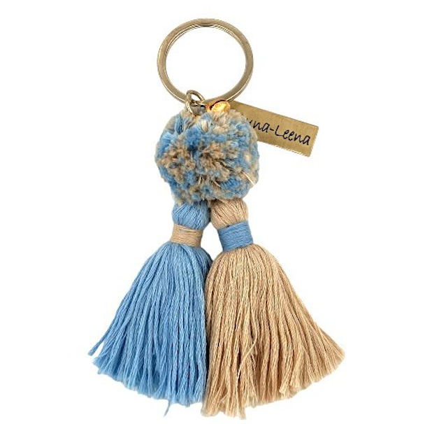 Luna -Leena Keychain Twin Tassels Blue/Sand - Bag Charm - Organic Cotton - Handmade in Nepal - Bag Hanger