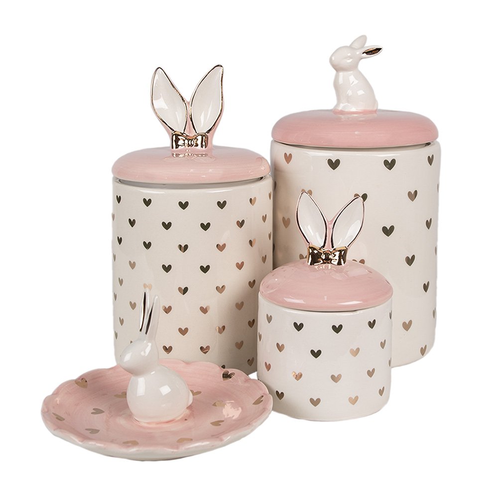 Schaaltje Konijn Ø 14x9 cm Roze Keramiek Hartjes Decoratie Schaal
