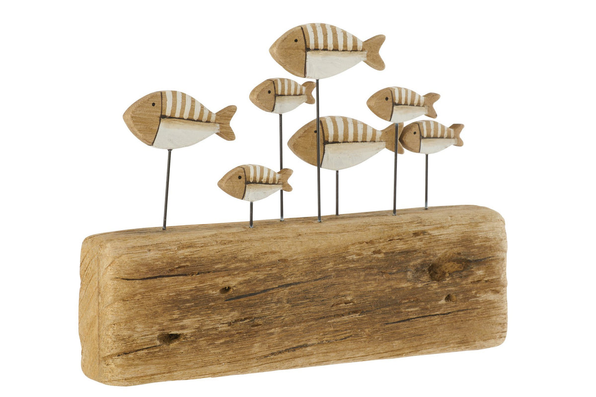J-Line decoratie Vis Op Voet - hout - naturel/wit - L