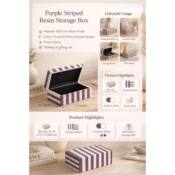 Paars gestreepte hars opbergdoos glanzende MDF decoratieve behuizing