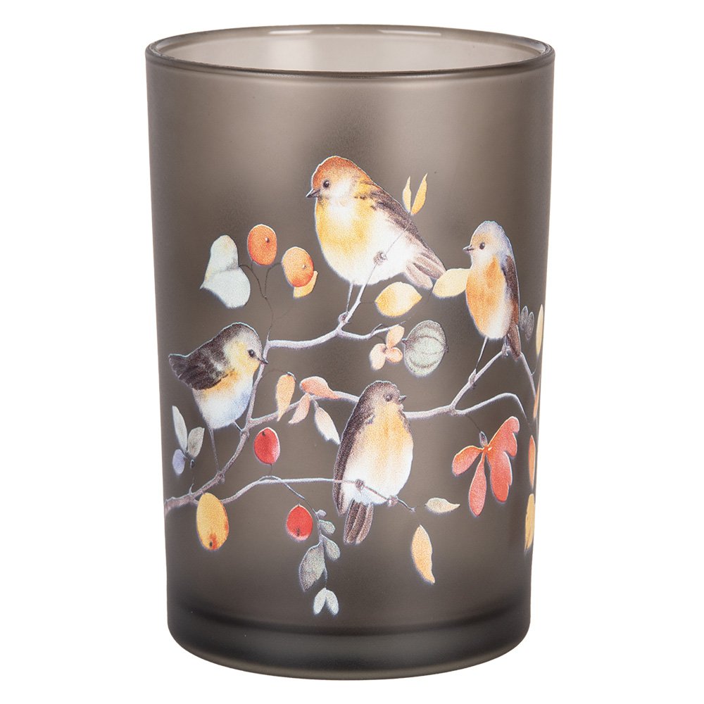 Theelichthouder Ø 12x18 cm Grijs Glas Vogels op Takken