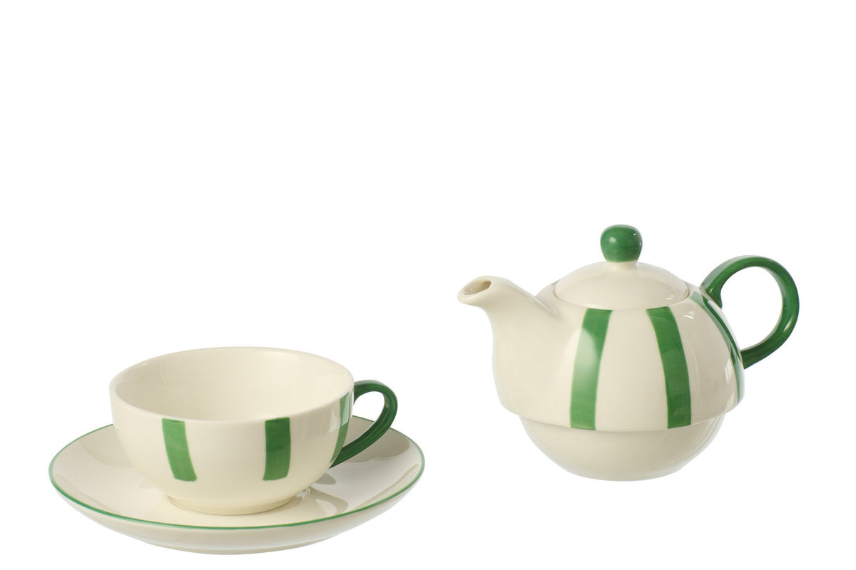 J-Line theepot Gestreept - keramiek - groen/wit