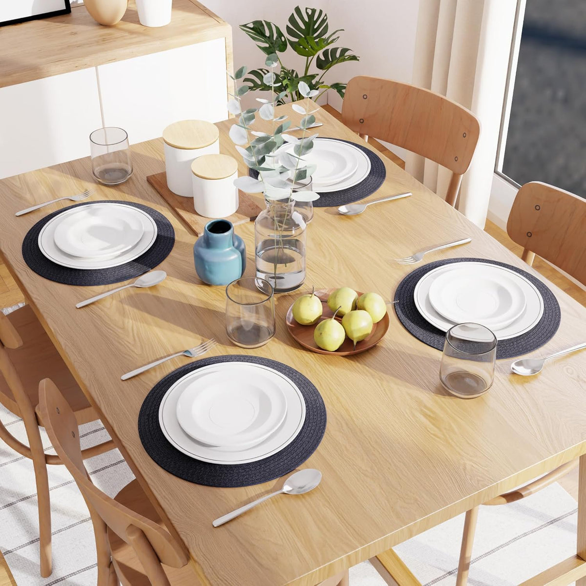 Eettafelmatten – geribbeld katoen – 32 cm rond, set van 4