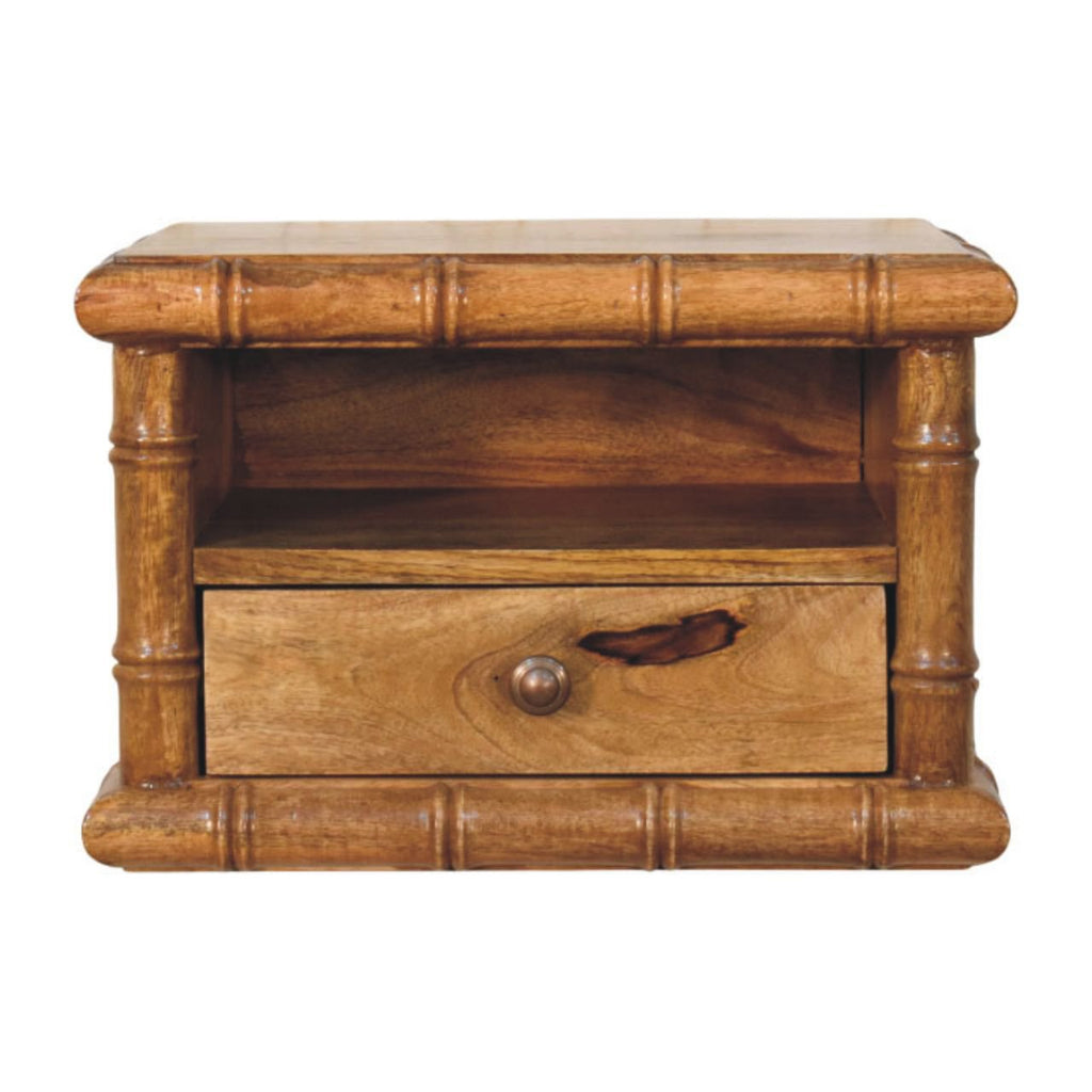 Grof nachtkastje van massief mangohout, 1 lade, 1 open plank, bruin