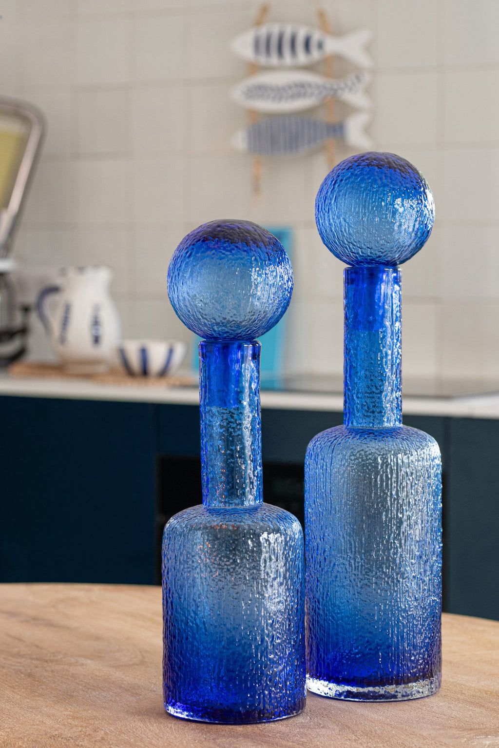 J-Line decoratie Fles Reliëf - glas - transparant/blauw - S