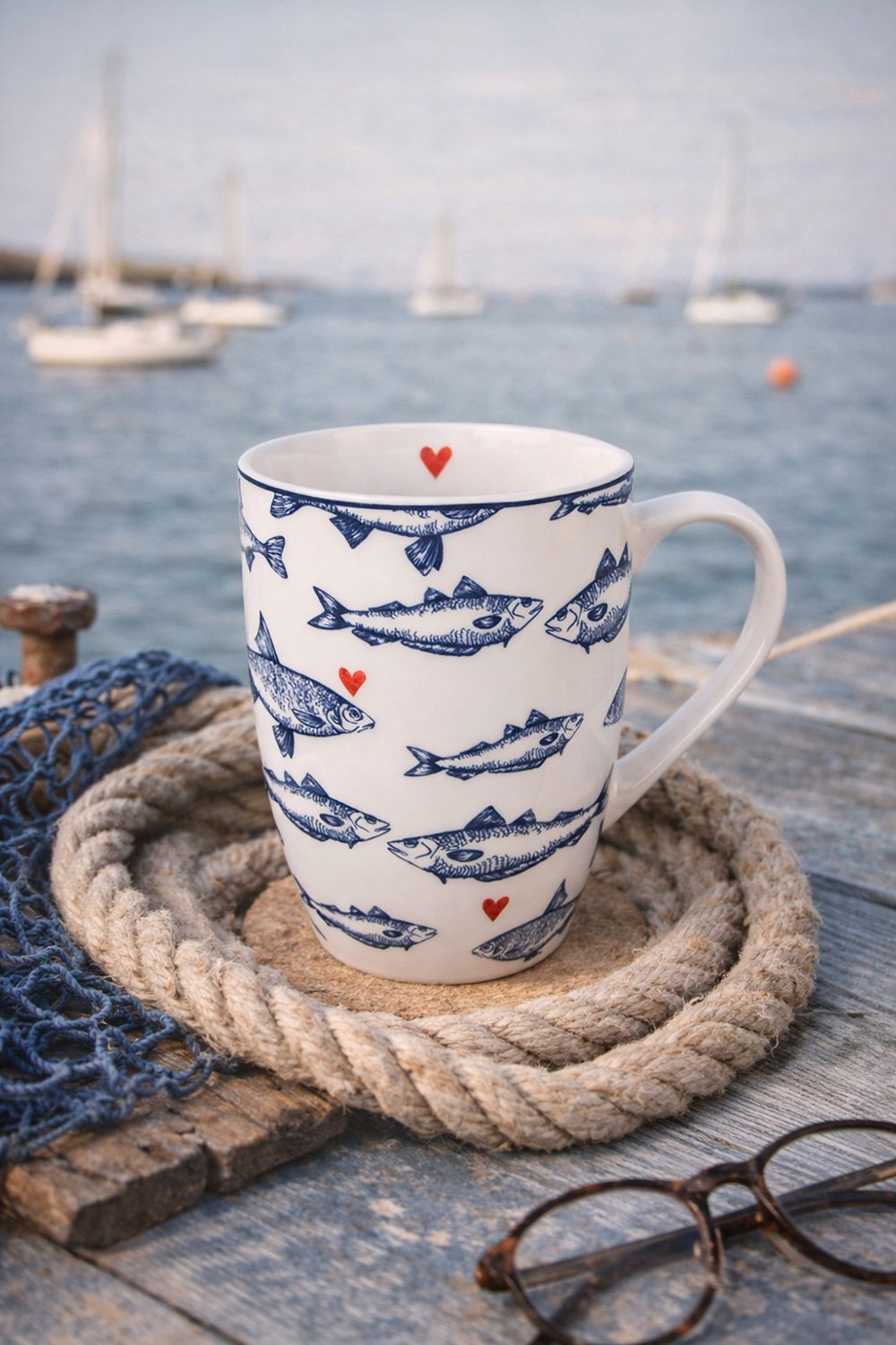Mok 350 ml Wit Blauw Porselein Vissen Theemok
