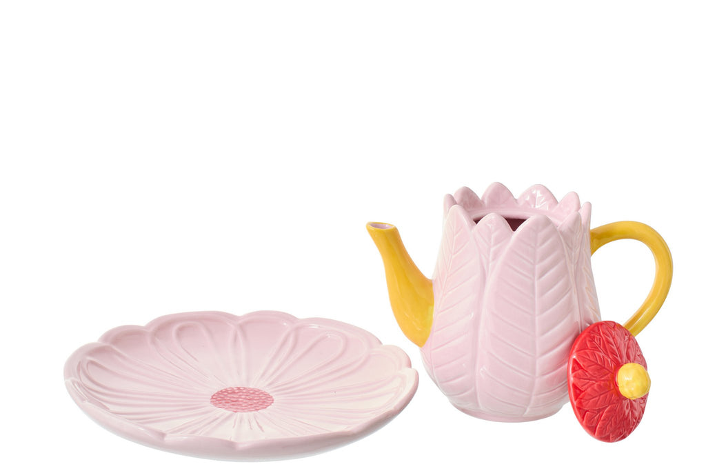 J-Line theepot Bloem - porselein - donkerrood/warmgeel